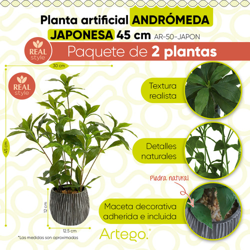 Planta Artificial Moderna Con Maceta Decorativa Real Style Andromeda Japonesa Compacta Pack De 2 Unidades De 45cm De Alto Artego Para Hogar Sala Comercio Oficina