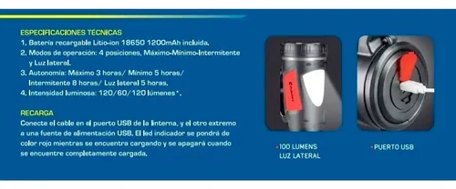 Linterna Led Recargable Probattery Usb 3w 120 Lumens