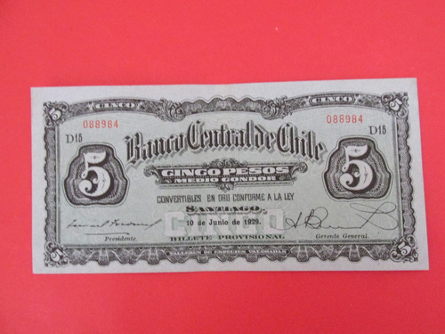  Billete Chile 5 Pesos Firmado Tocornal-burr Año 1929 Escaso