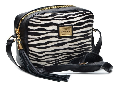 Bolsa transversal Oliver Mour 1015 design animal print zebra de couro  preta e branca com alça de ombro preta