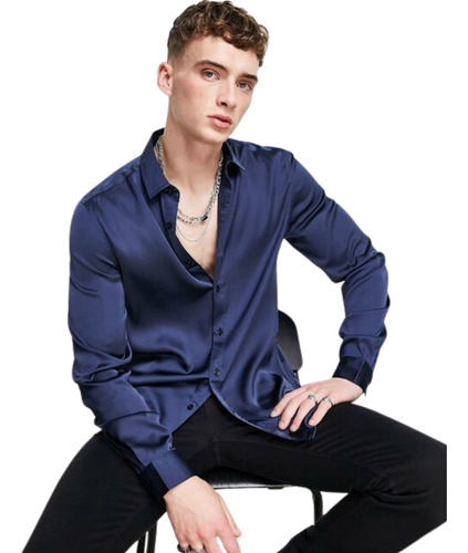 Camisas Satinado Slim Fit Moda Urbana Hombre Azul Marino Lisa L