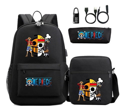 Mochila Anime One Piece Luffy 3 Piezas Usb Bloqueo Antirrobo