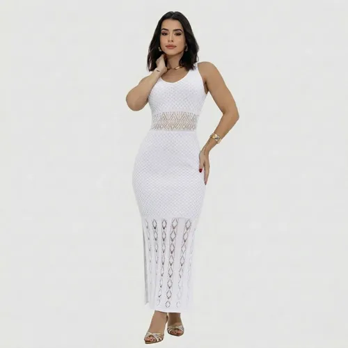 Vestido Longo Tricot Alcinha Fenda Elegante Lançamento Verão Branco Único