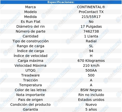 Llanta 215/55r17 94h Sl Continental Procontact Tx