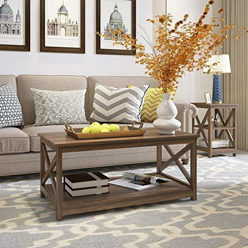 Farmhouse Moderna Mesa De Café De Madera Con Estante De 2 Ni