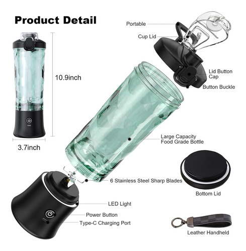 Minibatidora De 600 Ml Con 6 Cuchillas Y Vaso Para Llevar