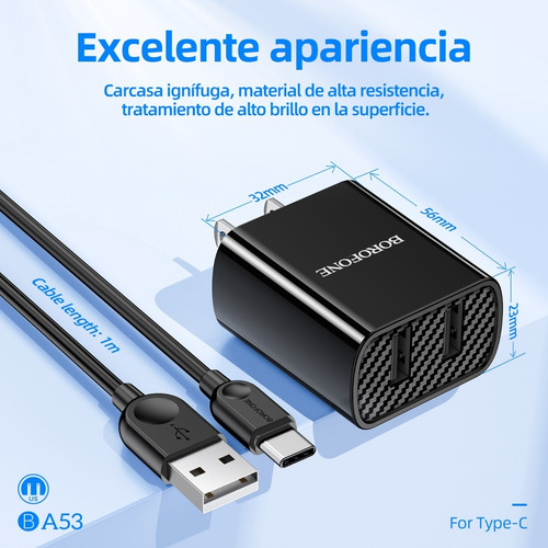 Cargador Dual + Cable Micro/tipoc/lt Compatible Para iPhone Color Negro Micro Usb