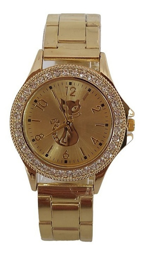 Relógio Feminino Dourado Brilhante Gatinho Gato Delicado
