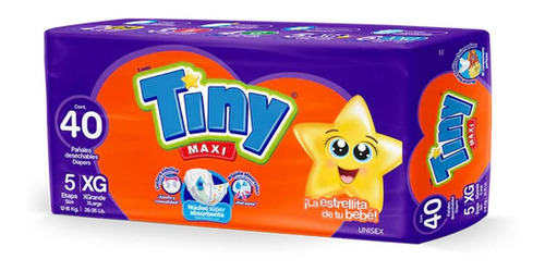 Pañal Tiny Maxi,nucleo Super Absorbente,etapa 5,talla Xg,40p