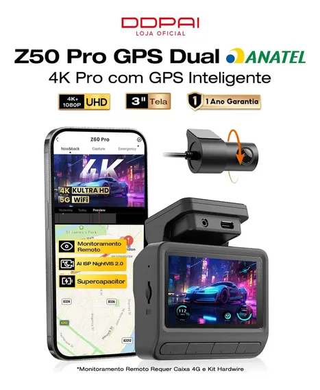 Câmera Veicular Automotiva Ddpai Z50 Pro Dashcam IPS de 3'' 4K+1080P para Carros WiFi 5G 6 Integrado GPS, Câmera para Carro com Visão Noturna AI ISP, Modo de Estacionamento de 48h, ADAS, Camera Carro