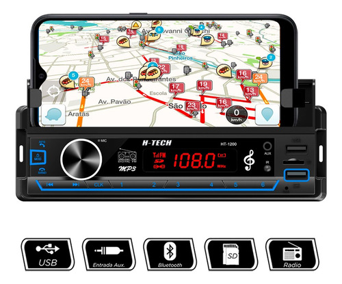 Auto Rádio Com Suporte Para Celular Bluetooth Usb Sd Aux App