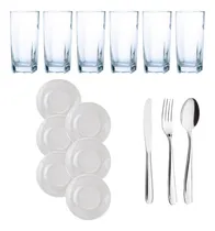 Comprar 6 Pratos Fundos 18 Talheres Inox  6 Copos Quadrados Transp