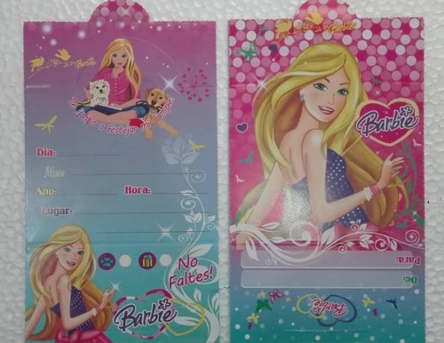 Set 12 Tarjetas Para Invitación Cumpleaños Barbie 