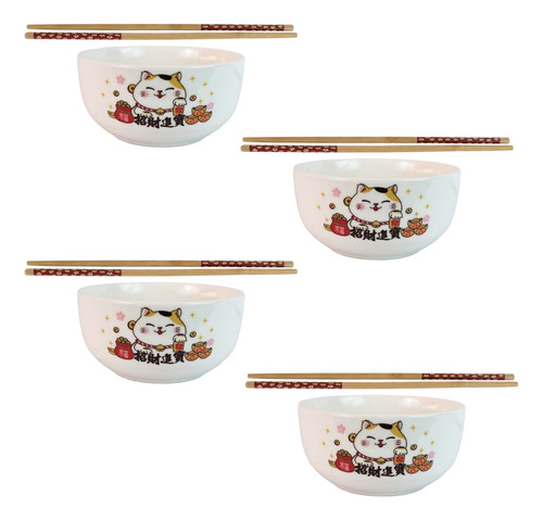 Set 4 Pcs Mini Bowl Ceramica 8 Palillos Botanero Kawaii Jt-0