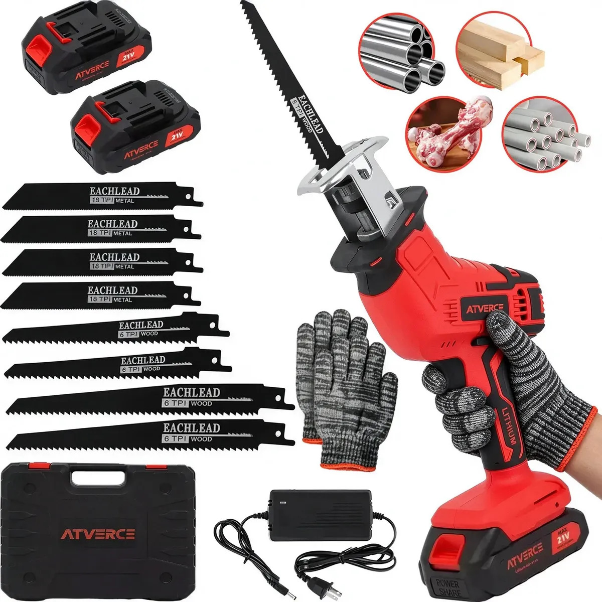 Sierra Sable Inalámbrica Atverce 21V 2 Baterías 8 Hojas Para Madera Metal