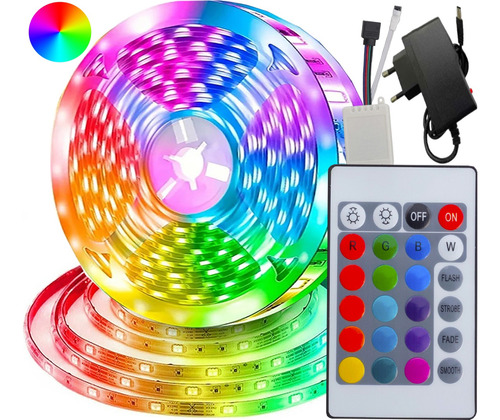 Fita Led Rgb 5m 5050 Pro D'agua + Fonte + Controle 16 Cores