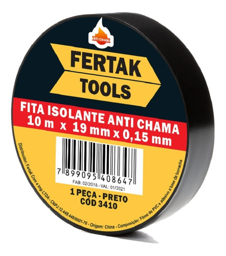 Fita Isolante Anti Chama 10m X 19mm X 0,15mm 10 Unidades Cor Preto