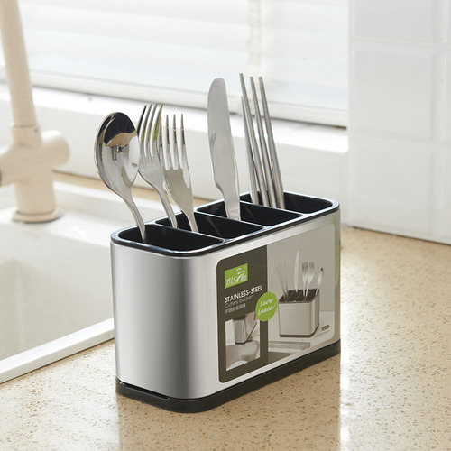 Dabeh Soporte De Utensilios De Cocina, Organizador De Encimera De Acero Inoxidable Con 4 Compartimentos, Ideal Para Escurrir Y Secar Cubiertos, Resistente Al Óxido (plateado)