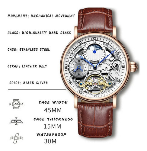 Reloj De Cuero Mecánico Kinyued Business Tourbillon Color del fondo Rose White