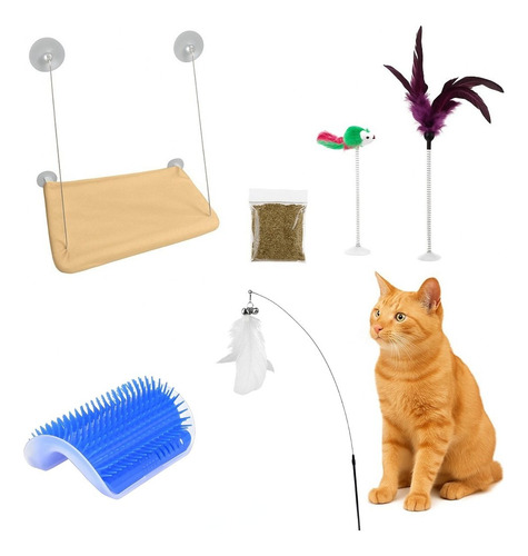 Kit Gato Cama Janela Ventosa+3 Varinha+escova+catnip Felino