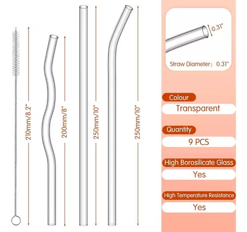 RENYIH 10 popotes de vidrio reutilizables de 0.354 x 0.394 in para bebidas,  batidos, té, jugo, juego de 5 piezas rectas y 5 dobladas con 2 cepillos de