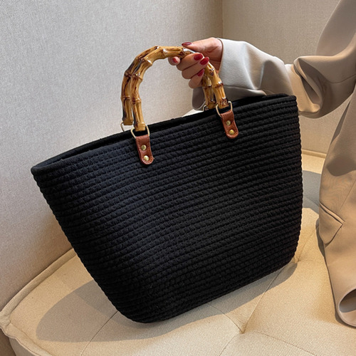 Bolsos De Playa De Moda Con Mango De Bambú, Algodón Tejido A