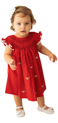 Vestido Casinha De Abelha Fustão Vermelho Bordado