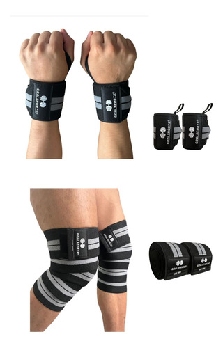 Kit Par De Vendas Para Rodilla Knee Wraps + Muñequeras Gym