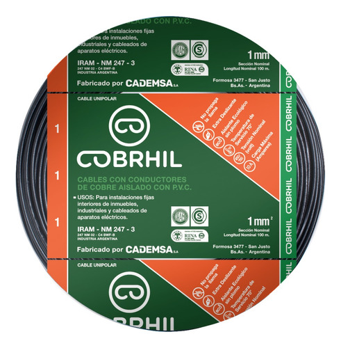 Cable Unipolar Cobrhil 1mm² Rollo 100mts Negro