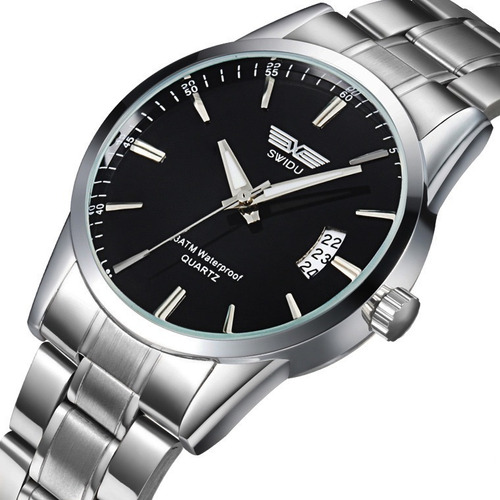 Reloj Original Swidu Black And Silver Elegante Para Hombre