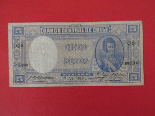 Billete Chile 5 Pesos Firmado Subercaseaux- Meyerholz 1933