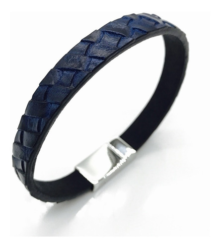 Pulsera  Piel Y Acero Hombre Color Azul Trenza Sbt056