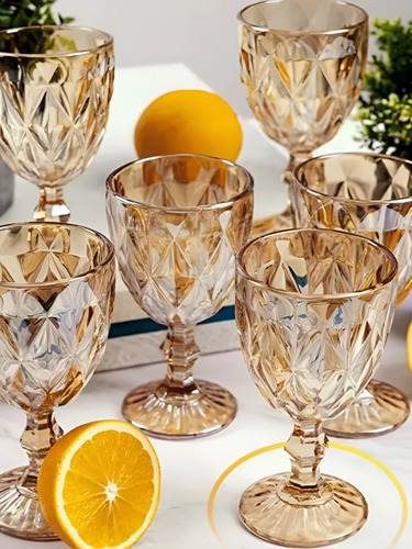 Set X 6 Copas Vintage Vidrio Rombos Para Agua Vino Bebidas Color Ambar/dorado