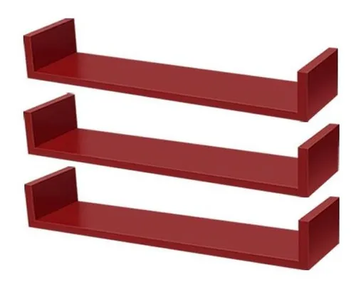 Kit 3 Prateleiras U 80 x 25 cm, color rojo, soporte invisible