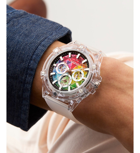 Reloj Guess Rainbow Hombre King Correa Claro Bisel Claro Fondo Arcoíris