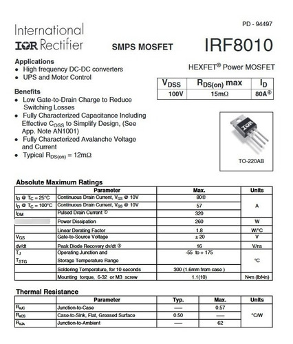 1pç - Transistor Mosfet I R F 8010 80a 100v - (713)
