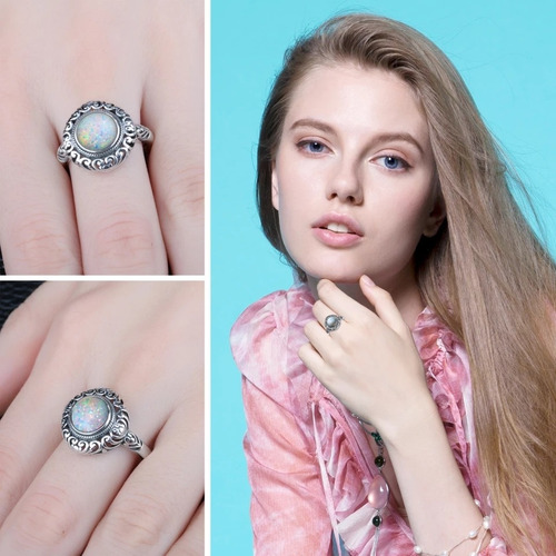 Imagen 4 de 4 de Anillo Ajustable Plata 925 Ópalo Joya Mujer Moda Vintage