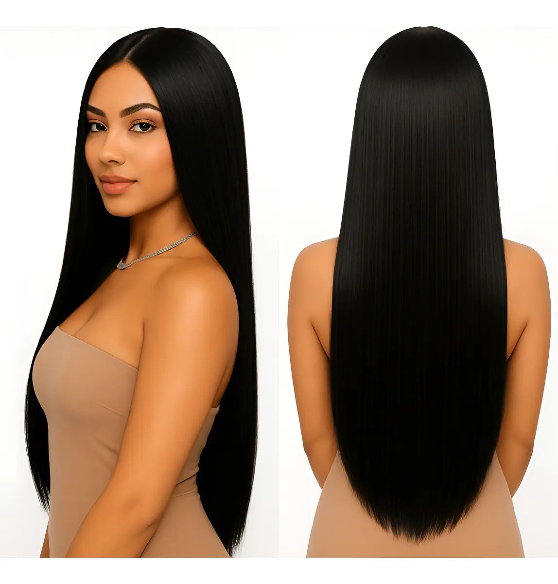 Peruca Lisa Preta Sem Franja Fibra Organica + Wig Cap Tonalidade Preto