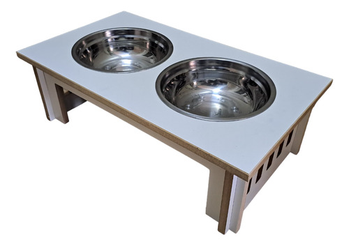 Comedero Bebedero Nordico Doble Perros Y Gatos Mundo Cucha De Madera Con Plato De Acero Antivuelco En Altura 28 X 48 X 15 Cm