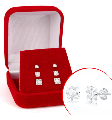 Kit De Brincos Trio De Prata Quadrado De Zircônias Prata 925