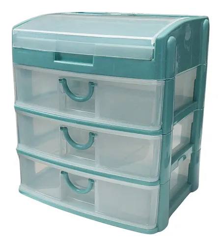 Organizador de plástico con 3 cajones, caja de almacenamiento de gabinete  de oficina, organizador de almacenamiento de cajones azules, 5.3 x 6.8 x 9