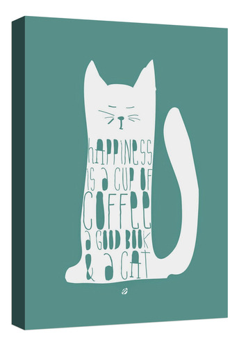 Cuadro Decorativo Canvas Moderno Gato Cat Cofee Color Gato Cat Happyness Armazón Natural