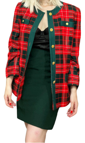 Set Pierre Cardin Mujer Blazer Falda Tartan Rojo Verde Lana 