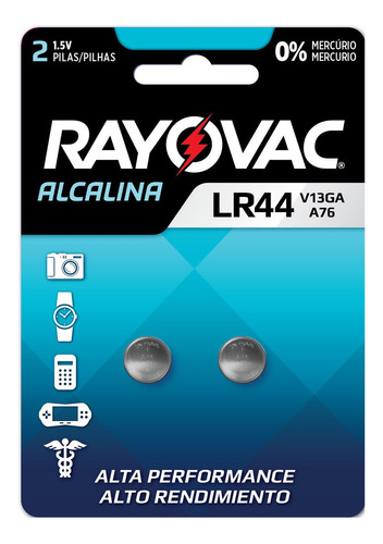 2 Pilhas Baterias Lr44 A76 Ag13 Alcalina Rayovac 1 Cartela