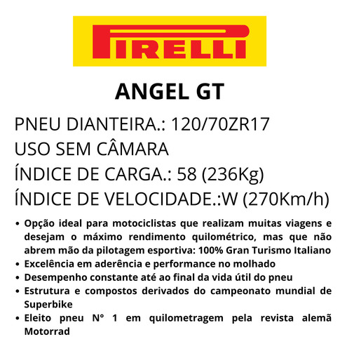 Pneu Pirelli Angel Gt Dianteiro 120/70zr17 Uso Sem Câmara