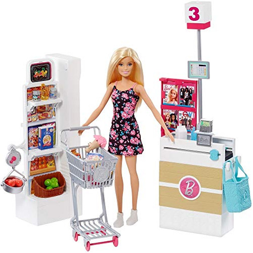Muñeca Barbie, Rubia Y Tienda De Comestibles Con Carro