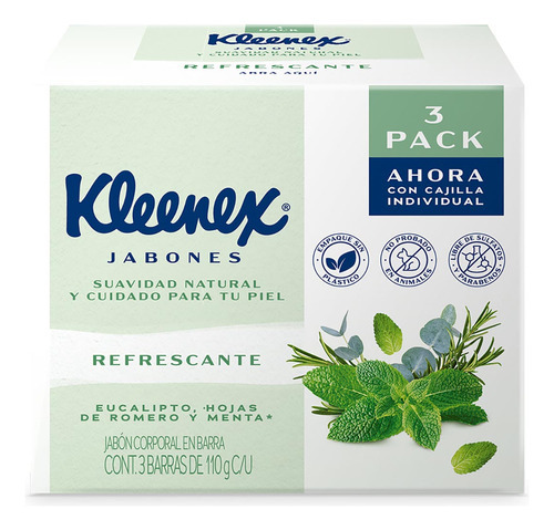 Jabón de Tocador Kleenex Eucalipto y Hojas de Romero y Menta 3 Barras de 110g c/u