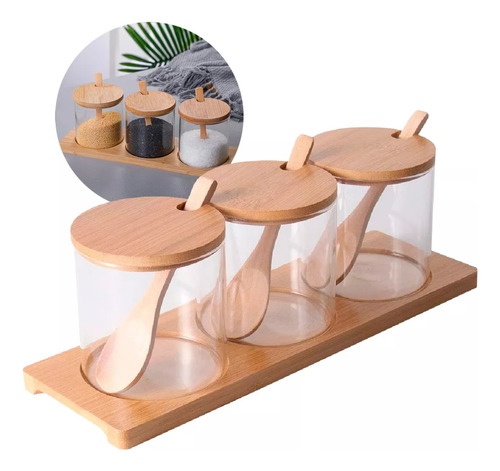 Kit Porta Temperos Cozinha Vidro Colher Suporte Bambu 300ml