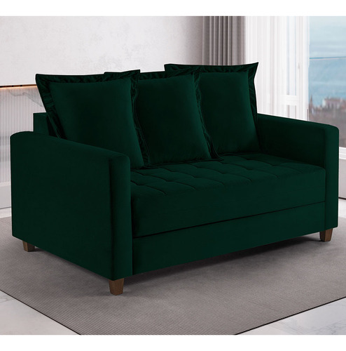 Sofa Cama Rocca Colchao Casal Pés De Madeira Talento Móveis Cor Verde Com Castanho