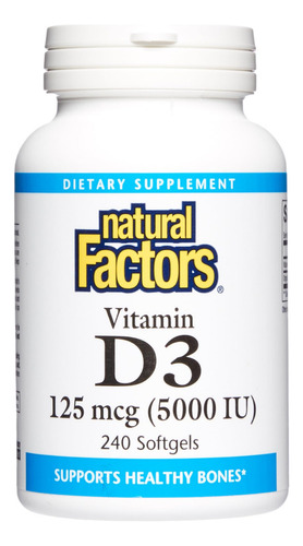 Suplemento de vitamina D3 5000 UI de Natural Factors, 240 cápsulas